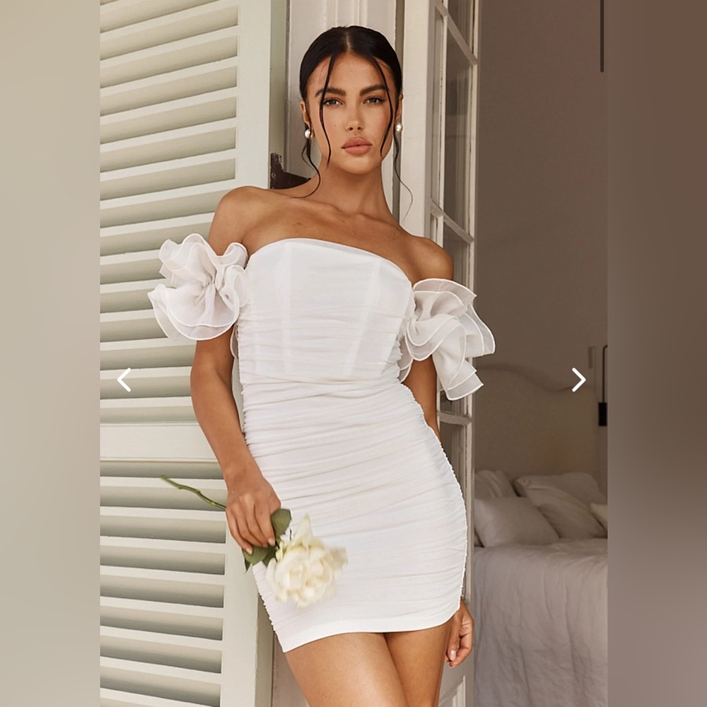 White Star Dust Off-Shoulder Frill Sleeve Mini Dress